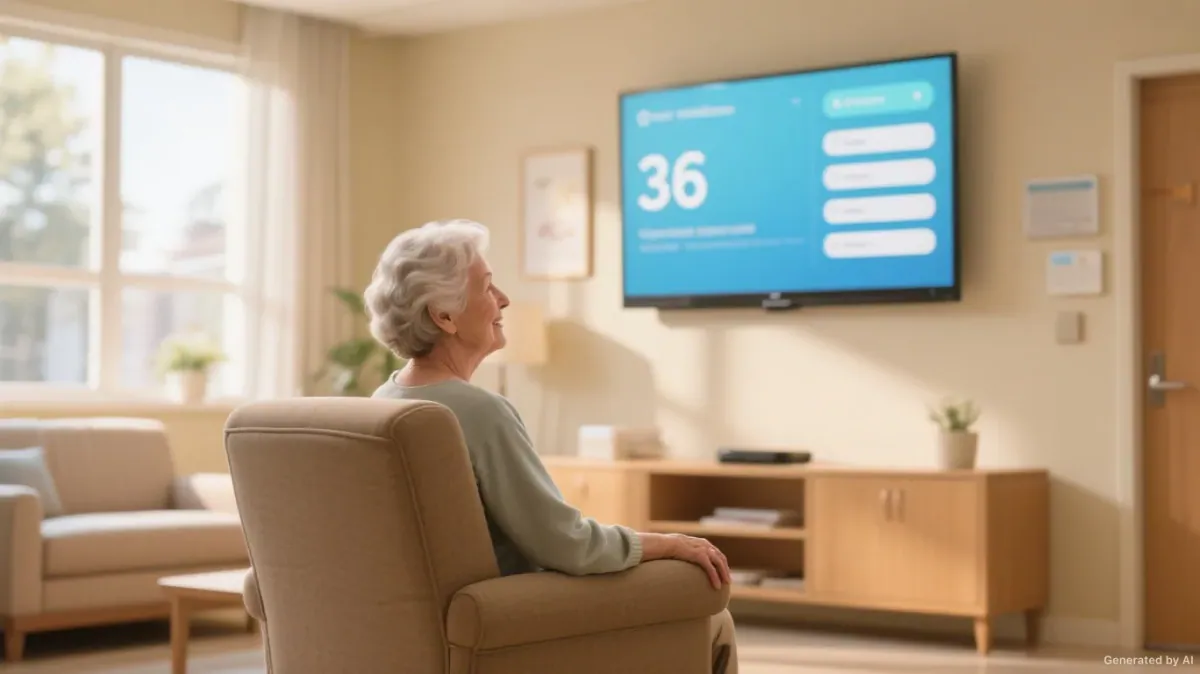 Senior watching large-font nursing home IPTV interface